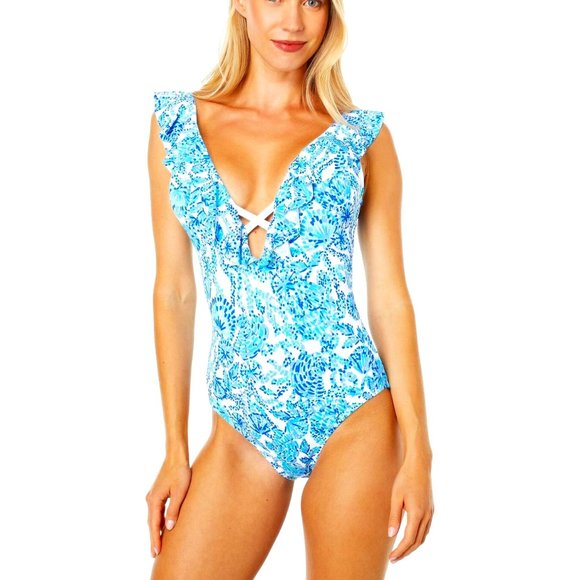 Lilly Pulitzer Vivek One-Piece Sz 8 Turquoise Oasis Shell Me You Love Me - Picture 1 of 1